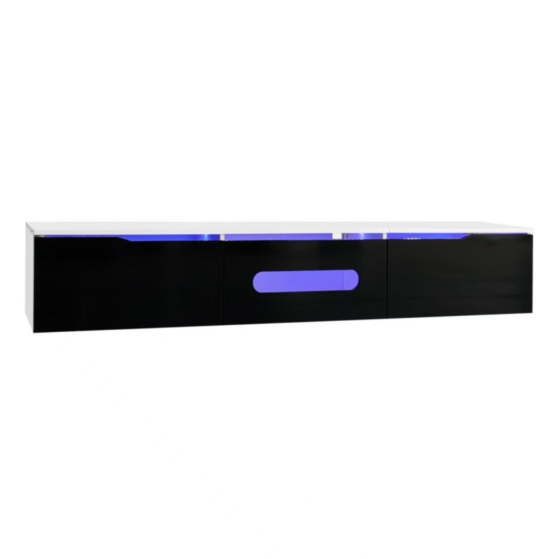 Schwarz-weißer TV-Schrank, 180 cm lang, Hochglanzoberfläche, mit 16-farbiger LED-Beleuchtung, wandmontierbar