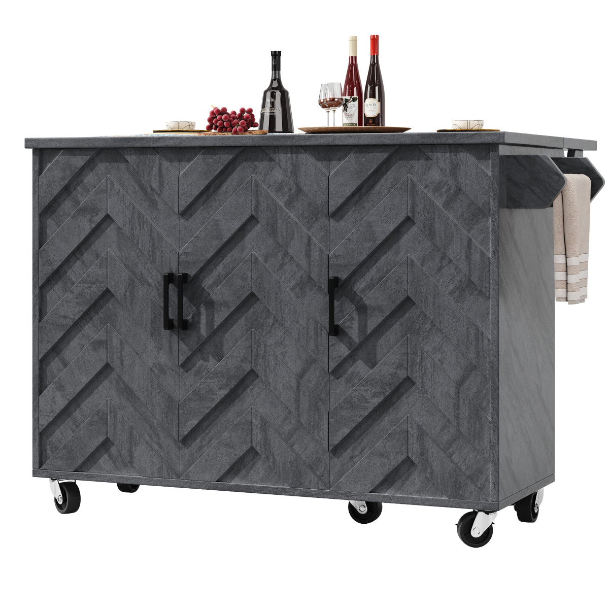 Mobile Kücheninsel 118x75cm Klappbar Servicewagen Grau mit Rollen, 3 Türen, 3 Schubladen & 3D-Wellenmuster Design, Küchenwagen