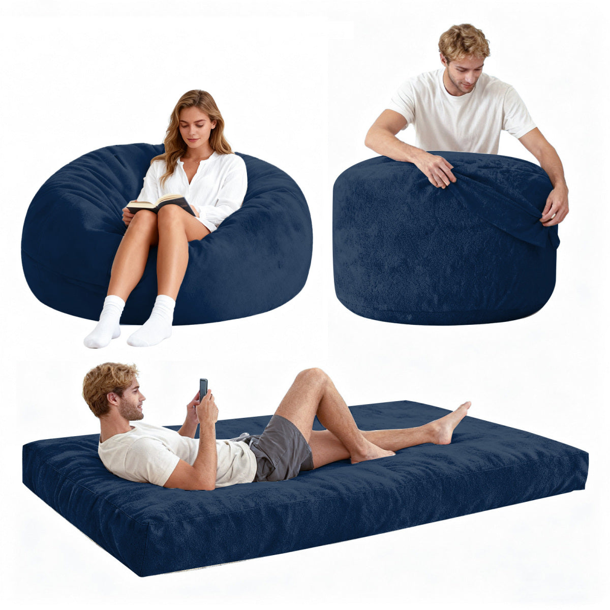 DBC-LANSE 2-in-1 Sitzsack & Gästebett - Wandelbarer Sessel aus Chenille - Ergonomisches Design - Blau