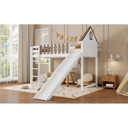 Hochbett, Mit Dach und Fenster, Mit dreistufiger gerader Leiter, Jugendbett, Kinderbett mit Rutsche,  Kiefer+MDF, Weiß+Walnuss, 90x200cm
