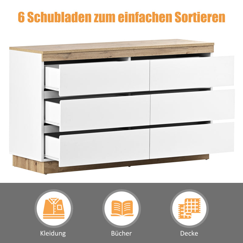 Kommode mit 6 Schubladen, Schließfach,Funktion von Aufbewahrung, für Schlafzimmer und Wohnzimmer, E1-Spanplatte, weiß+oak