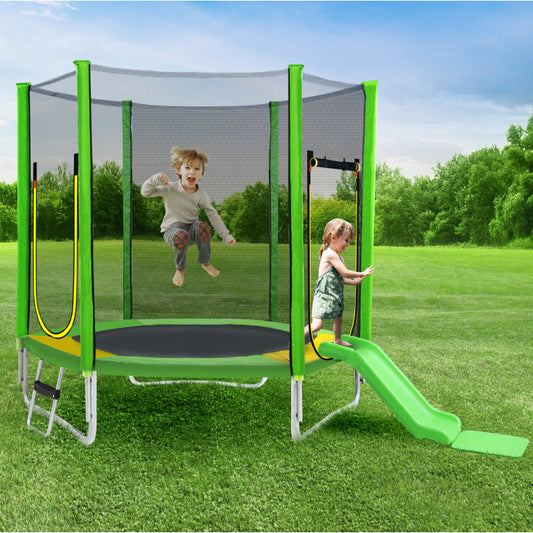 Kinder Trampolin Outdoor Ø 213 cm Gartentrampolin mit Rutsche, Leiter, Netz, Doppeltür und Gepolsterten Stangen,TÜV Zertifiziert,bis 100 kg