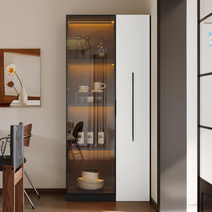 Multifunktionsschrank 70x40x160cm - LED Vitrine mit Glastür aus gehärtetem Glas & Aluminiumrahmen, Seitenauszug auf Rollen, Schwarz-Weiß
