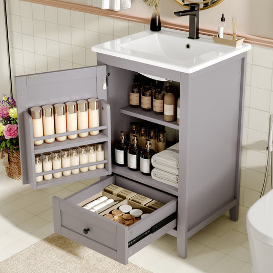 51x46x85cm Bodenstehender Badezimmerschrank mit Waschbe, Waschtisch,komplett lackiert, Türablage, geräuschlose Schublade mit großem Fassungsvermögen, verstellbares Regal, Keramikwaschbecken, Grau