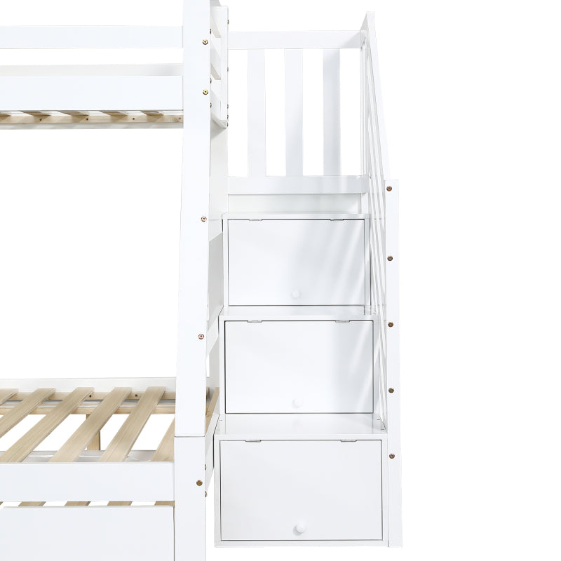 Etagenbett mit Rollbett, Kinderbett mit Leiterschrank und Handlauf, mit Fallschutzgitter an allen Seiten, Kiefer+MDF, Weiß, 90x190CM Rollbett, 90/120x200CM