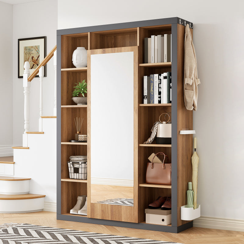 Garderobengestell mit Spiegel, Multifunktions Garderobe und Vitrine, Bücherregal Kombination mit Abtropfschale, Haken und Kleiderbügeln
