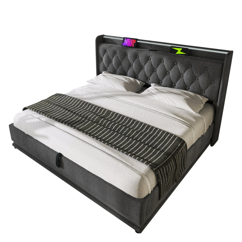 Polsterbett Doppelbett, 360-Surround-LED-Funktion, Drucktaste/App/Fernbedienung,160*200 cm,Grau Leinen-Material Hydraulisches Lagerbett, gepolstertes Kopfteil mit USB Typ-C Ladefunktion(Ohne Matratze)