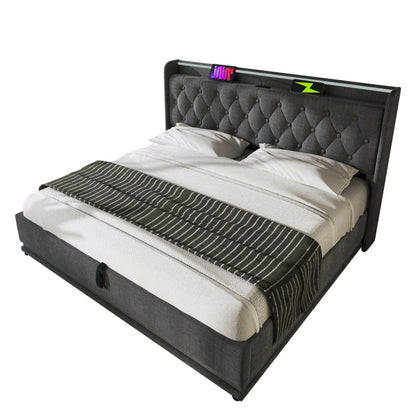 Polsterbett Doppelbett, 360-Surround-LED-Funktion, Drucktaste/App/Fernbedienung,160*200 cm,Grau Leinen-Material Hydraulisches Lagerbett, gepolstertes Kopfteil mit USB Typ-C Ladefunktion(Ohne Matratze)