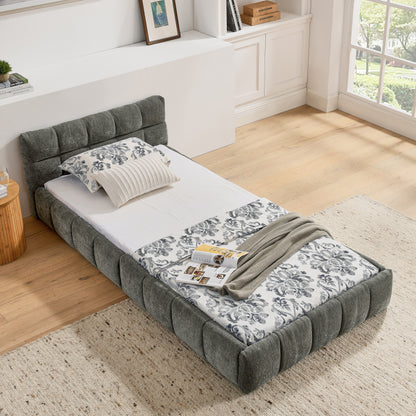 Einzelbett 90*200 cm, Kinderbett mit seidig weichem Chenille - Bezug, quadratischem Steppdesign, Dark Gray (ohne Matratze)
