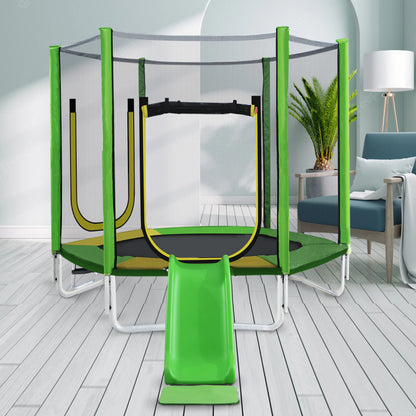 Kinder Trampolin Outdoor Ø 213 cm Gartentrampolin mit Rutsche, Leiter, Netz, Doppeltür und Gepolsterten Stangen,TÜV Zertifiziert,bis 100 kg