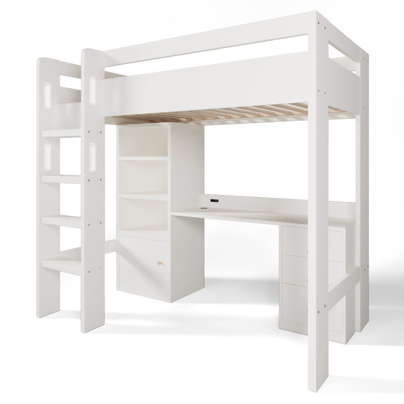 Kinderbett Hochbett mit USB-C Schreibtisch, Kleiderschrank und Aktenschrank, Jugendbett  Einzelbett mit Treppe und Lattenrost, Stauraum,90×200, Ohne Matratze