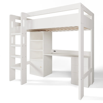 Kinderbett Hochbett mit USB-C Schreibtisch, Kleiderschrank und Aktenschrank, Jugendbett  Einzelbett mit Treppe und Lattenrost, Stauraum,90×200, Ohne Matratze