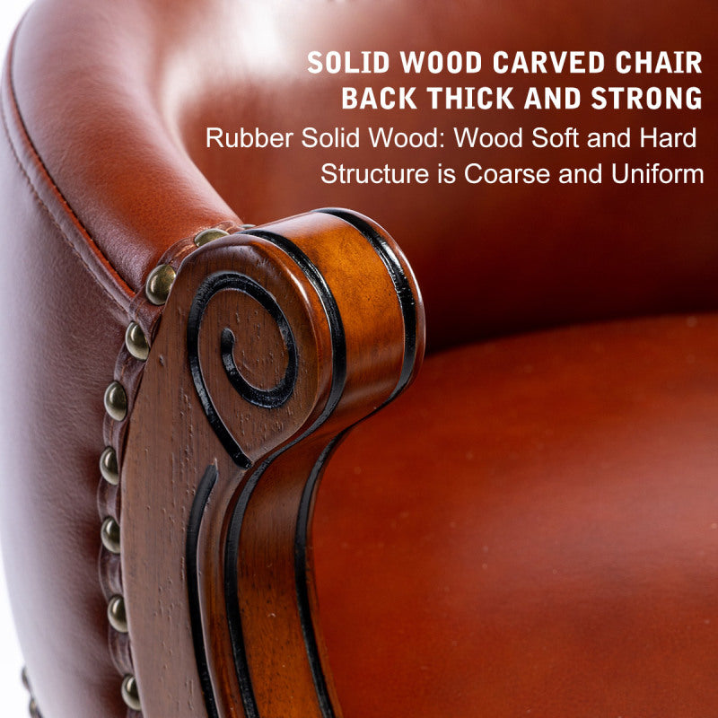 Barhocker aus Holz mit Kuhfell-Obermaterial, 360-Grad-Drehstuhl in Barhöhe mit Rückenlehne, Brown+Seat height 65cm