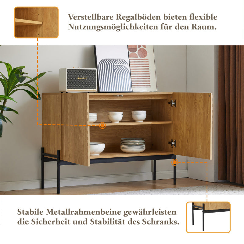 Sideboard mit 2 Türen und Metallbeinen, Buffet, Kommode mit Linien-Design, Maße: H 75 cm / B 100 cm / T 40 cm
