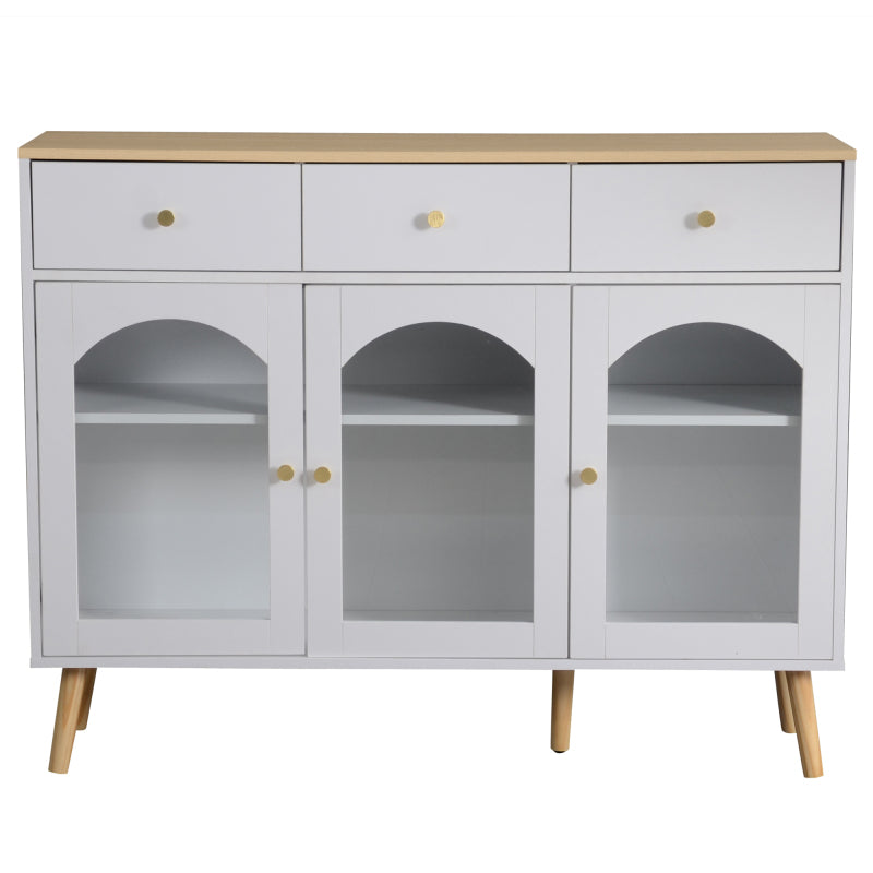 Sideboard mit 3 Schubladen und 3 gebogenen Türen mit breitem Schrank aus gehärtetem Glas für Buffettische in Küchen und Esszimmern, weiß und natur
