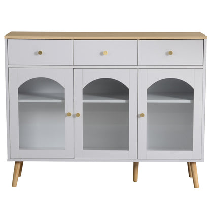 Sideboard mit 3 Schubladen und 3 gebogenen Türen mit breitem Schrank aus gehärtetem Glas für Buffettische in Küchen und Esszimmern, weiß und natur