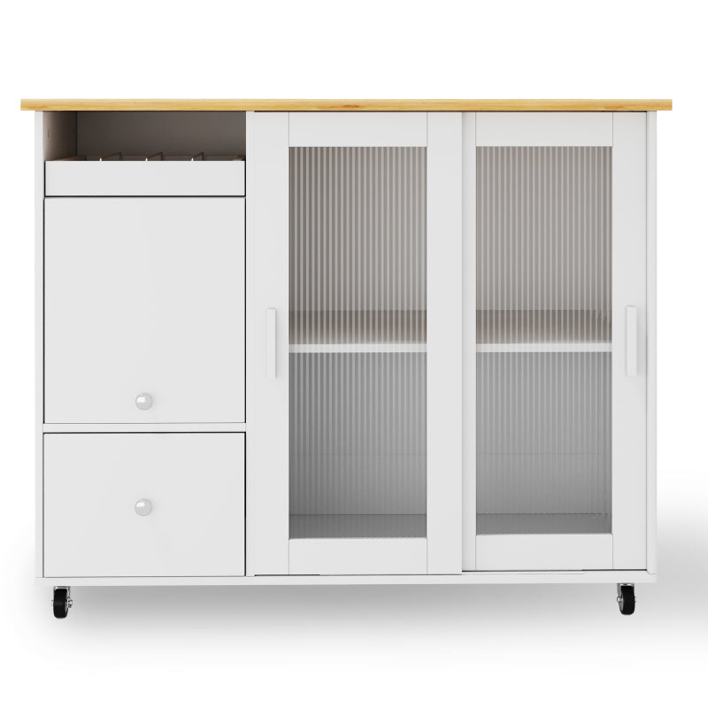 112×46(69)×91cm, klappbarer Kücheninselwagen, Eichenholzfurnier, Weinregal, Schubladen, großer Kücheninselwagen mit Schiebetüren aus gehärtetem Glas und verstellbaren Einlegeböden, mobiler Inselwagen