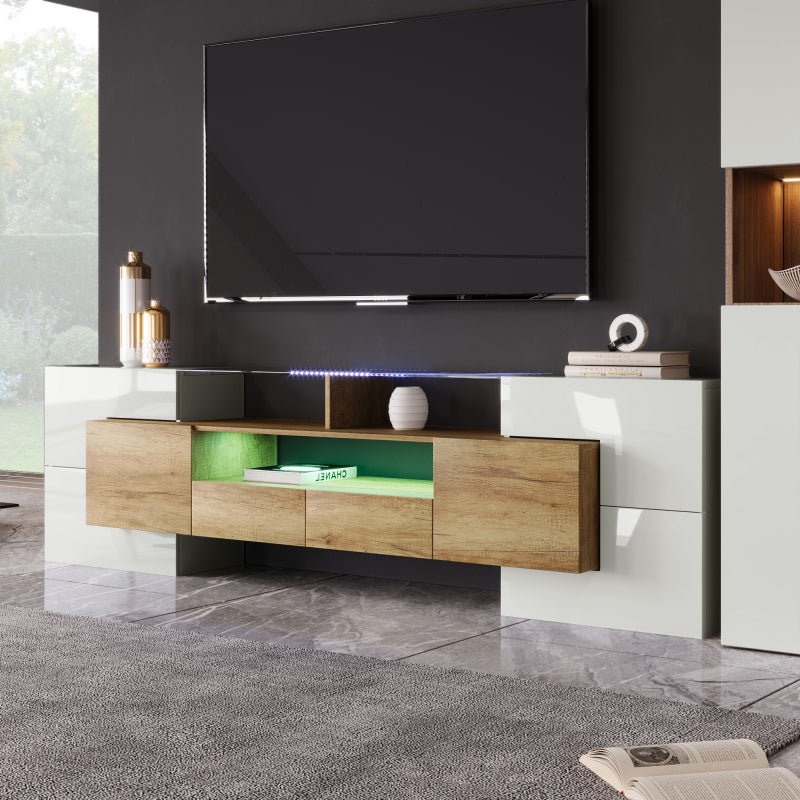 Stilvoller TV-Schrank, Lowboard.hochglänzendes Weiß, 200 cm, LED-Beleuchtung, Wohnzimmermöbel.  modernes Design. elegante Glasoberfläche.