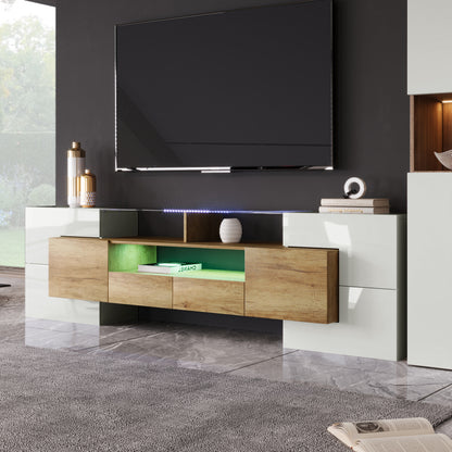 Stilvoller TV-Schrank, Lowboard.hochglänzendes Weiß, 200 cm, LED-Beleuchtung, Wohnzimmermöbel.  modernes Design. elegante Glasoberfläche.