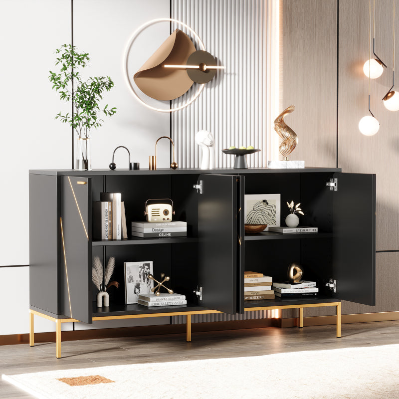 Sideboard mit vier Türen, Metallfüßen, TV-Schrank, Kleiderschrank,  geradliniges Design mit Metalllinien-Dekor, Schwarz+Golden