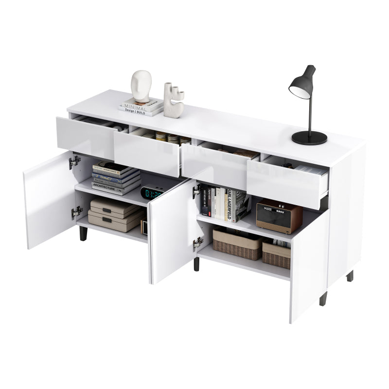 Hochglanz Sideboard, Kommoden,Highboard, Schubladenkommoden mit 4 Schubladen2 Türen und höhenverstellbaren Regalböden, weiß