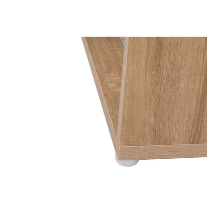 TV-Schränke, Lowboards, Kombination aus Hochglanzweiß und Holzfarben. Glastrennwände und variable LED-Beleuchtung. Es kombiniert natürlichen Landhausstil mit modernem Design.