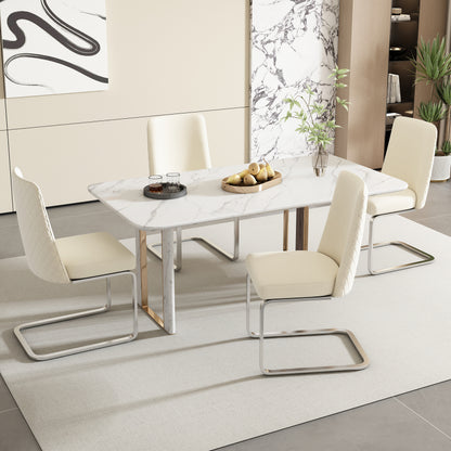 Samt-Esszimmerstuhl, 4er-Set, Diamant-Rücken-Design, mit silbernen Metall-Stützbeinen, Beige