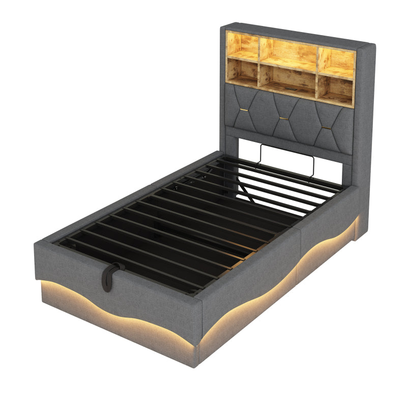 Kinderbett 90x200cm mit hydraulischem Stauraum APP-gesteuertes LED-Lichtband USB-Ladeanschluss Metall-Lattenrost Leinenpolsterung Grau