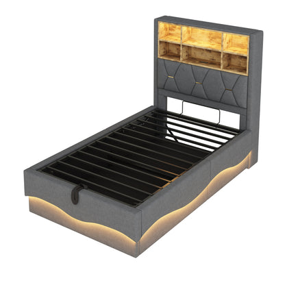 Kinderbett 90x200cm mit hydraulischem Stauraum APP-gesteuertes LED-Lichtband USB-Ladeanschluss Metall-Lattenrost Leinenpolsterung Grau