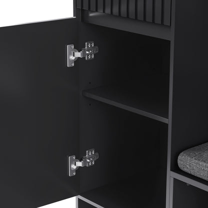 Garderobenset mit Sitzbank, Pegboard, 4 Haken, 2 Schubladen & Schrank, MDF, Schwarz, 100×35×180 cm