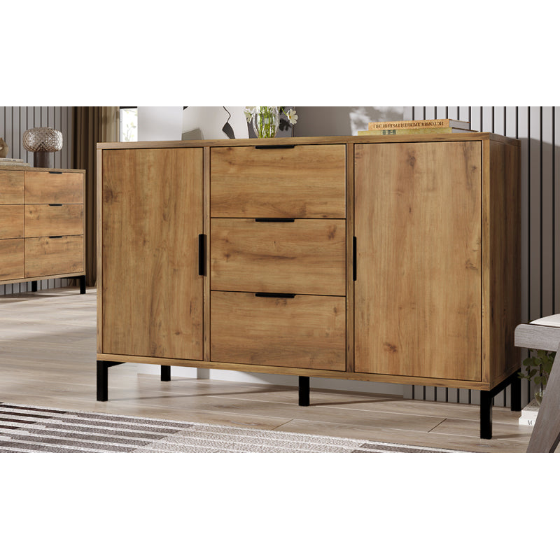 Kommode mit 2 Türen und 3 Schubladen, 120 x 40 x 76 cm in Dunkle Eiche, Verstellbare Ablage, Sideboard Highboard für Schlafzimmer & alle Wohnräume