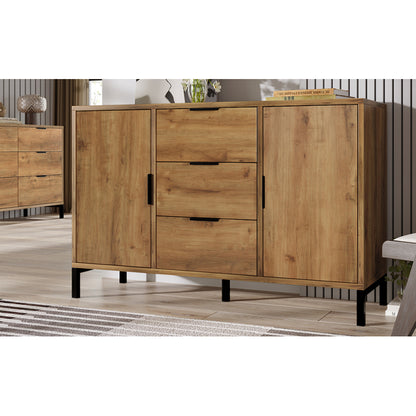 Kommode mit 2 Türen und 3 Schubladen, 120 x 40 x 76 cm in Dunkle Eiche, Verstellbare Ablage, Sideboard Highboard für Schlafzimmer & alle Wohnräume