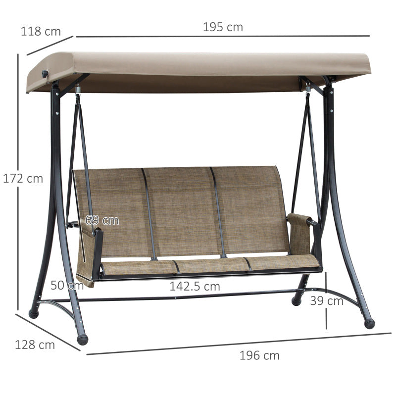 Hollywoodschaukel mit Seitentasche, 3-Sitzer Gartenschaukel mit verstellbarem Sonnendach, für Garten, Terrasse, Braun