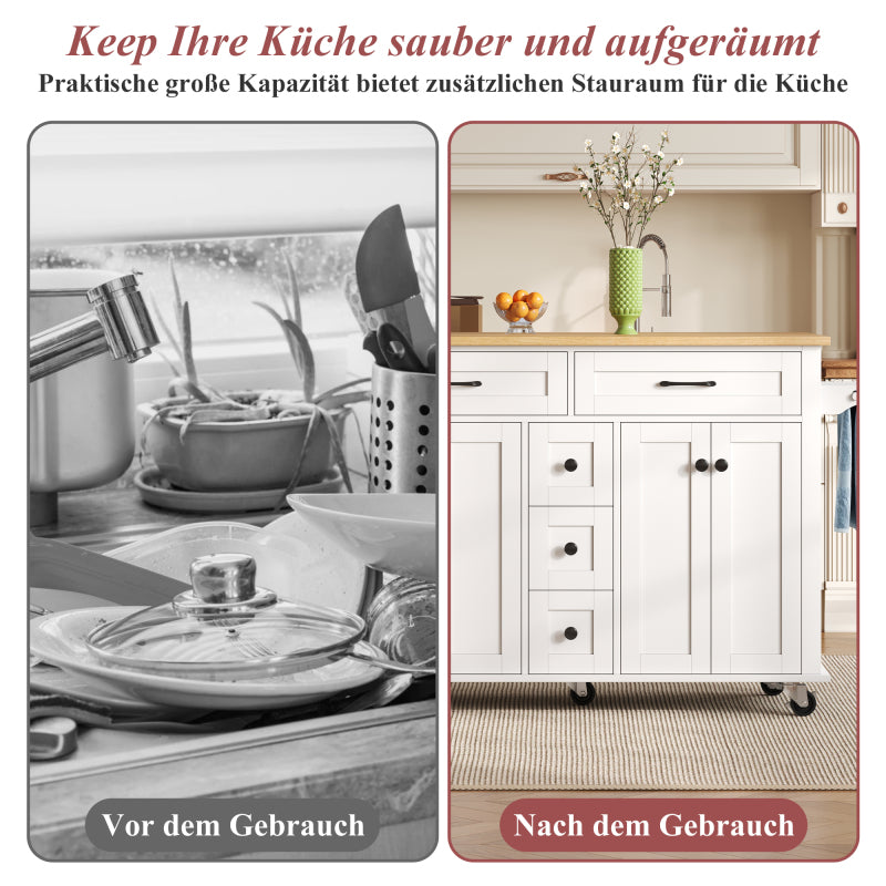 Multifunktionaler Küchenwagen mit ausklappbarer Arbeitsplatte, 120×65 cm erweiterbar, mit 5 Schubladen, Schränken, Gewürz- & Handtuchhalter, auf Rollen – Kücheninsel für Küche, Esszimmer & Wohnzimmer