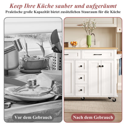 Multifunktionaler Küchenwagen mit ausklappbarer Arbeitsplatte, 120×65 cm erweiterbar, mit 5 Schubladen, Schränken, Gewürz- & Handtuchhalter, auf Rollen – Kücheninsel für Küche, Esszimmer & Wohnzimmer