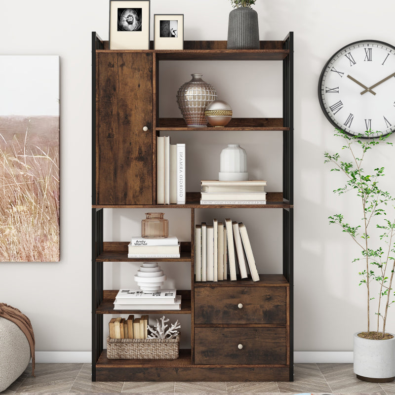 Bücherregal, 6 Regal Bücherregal mit mit Türen und  Schubladen industrielle Bücherregal, Stahlregal, antik braun
