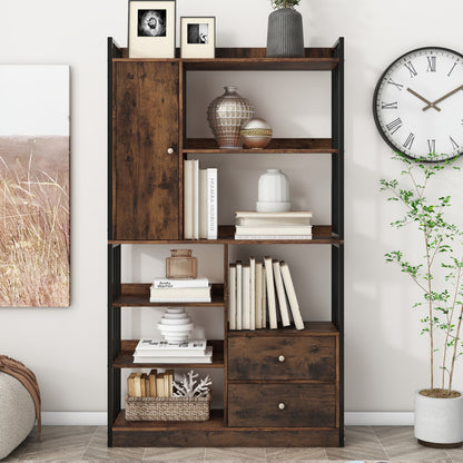 Bücherregal, 6 Regal Bücherregal mit mit Türen und  Schubladen industrielle Bücherregal, Stahlregal, antik braun