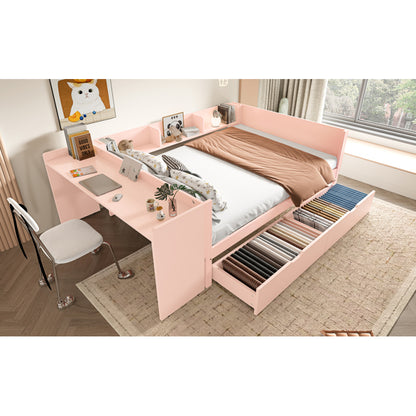 Flachbett, Holzbett, 140x200cm, mit Schreibtisch, ausgestattet mit 2 Schubladen, Doppelbett(Ohne Matratze), mit Regalen, Kiefer + Spanplatte, Rosa