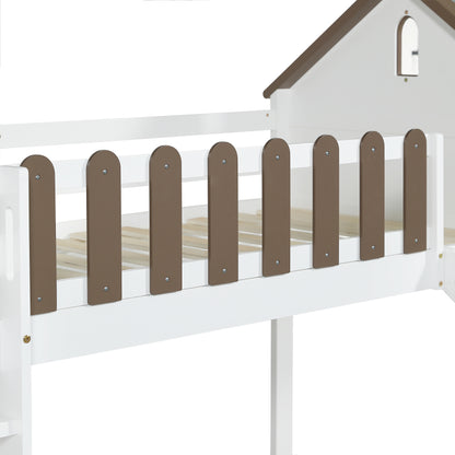 Hochbett, Mit Dach und Fenster, Mit dreistufiger gerader Leiter, Jugendbett, Kinderbett mit Rutsche,  Kiefer+MDF, Weiß+Walnuss, 90x200cm