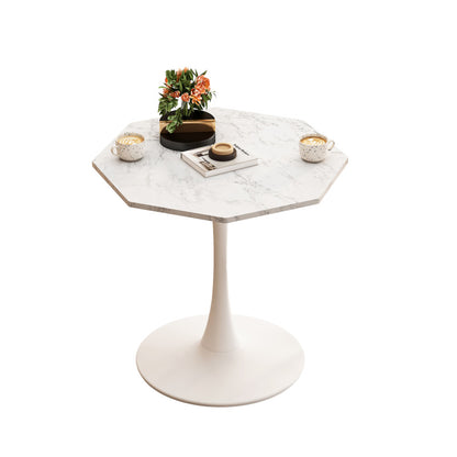 31.50"Modern Octagonal Coffee Table with Printed White Marble Table Top,Metal Base, for Dining Room, Kitchen, Living Room