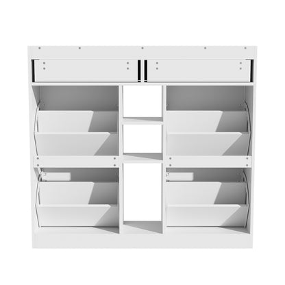 Edler weißer Schuhschrank mit 4 Klapptüren, 2 Schubladen, 3 offenen Fächern - perfekt für moderne Flure und Eingangsbereiche