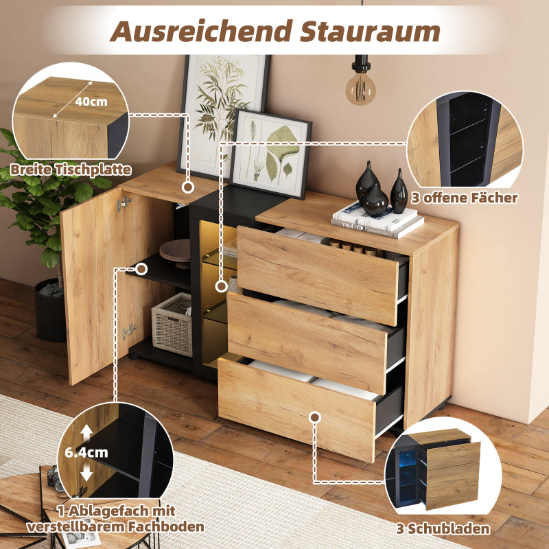 Sideboard, Modernes Anrichte Schrank Buffetschrank Sideboard mit 3 Schubladen,Accent Konsolentisch-Aufbewahrungsschrank mit Glas, Breite 140 cm