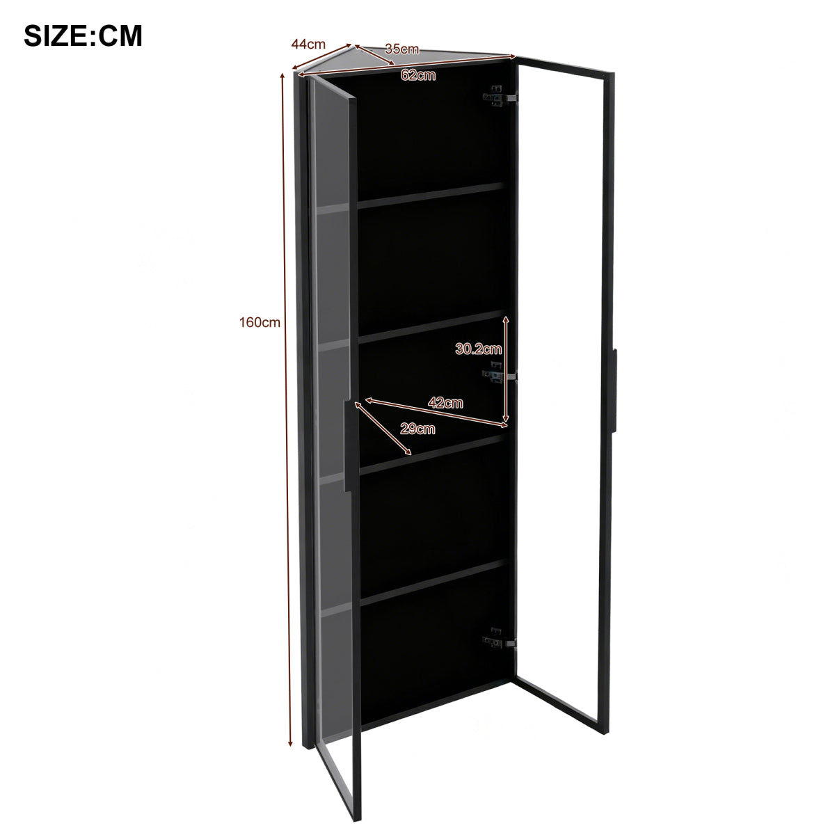 Eckvitrine 62x35x160cm Schwarz mit LED – Staubgeschützte Glasvitrine aus Sicherheitsglas & MDF, moderner Eckschrank mit Soft-Close-Türen