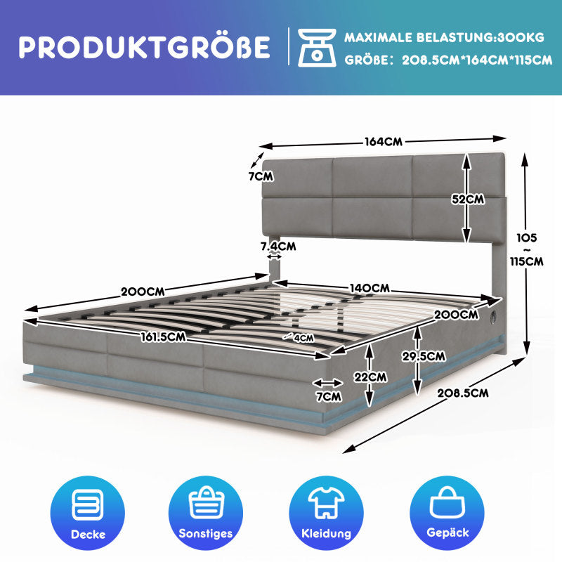 160 x 200 cm Bettgestell aus weichem Samt mit USB Type C Ladefunktion und LED Beleuchtung, Hydrauliksystem Stauraum Bettgestell aus Samtmaterial Jugendbett mit Lattenrost, Grau