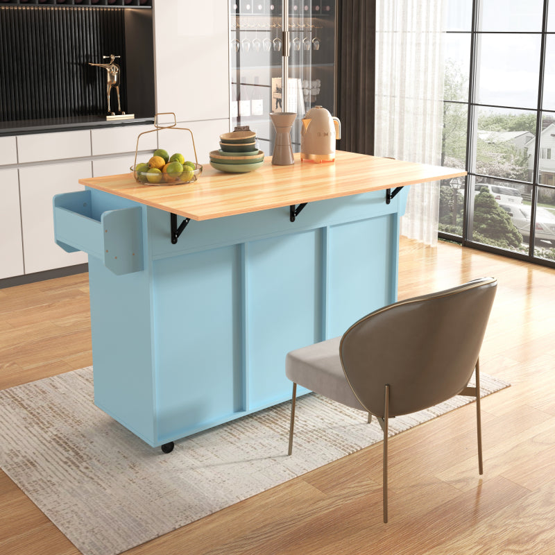 139x46(71)x91,5 cm großer Esswagen/Anrichte, Korpus Blau + Arbeitsplatte in Massivholzmaserung, klappbare Arbeitsplatte, Ablagetür, Rollen, auswechselbare Massivholzfüße, geeignet für Esszimmer, Küche