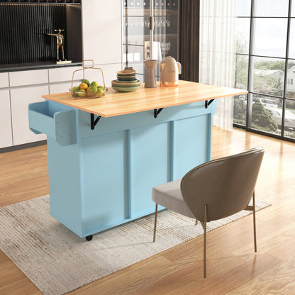 139x46(71)x91,5 cm großer Esswagen/Anrichte, Korpus Blau + Arbeitsplatte in Massivholzmaserung, klappbare Arbeitsplatte, Ablagetür, Rollen, auswechselbare Massivholzfüße, geeignet für Esszimmer, Küche