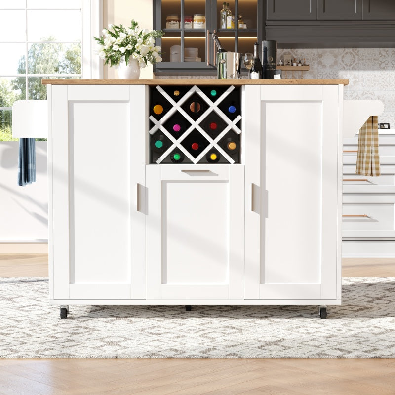 Kücheninsel mit herausnehmbaren Trennwänden, Küchenschrank, Esszimmerwagen mit Arbeitsplatte, Buffetschrank, Esszimmerwagen mit Holzmaserung, seitlicher Handtuchhalter mit Flaschenhalter, weiß