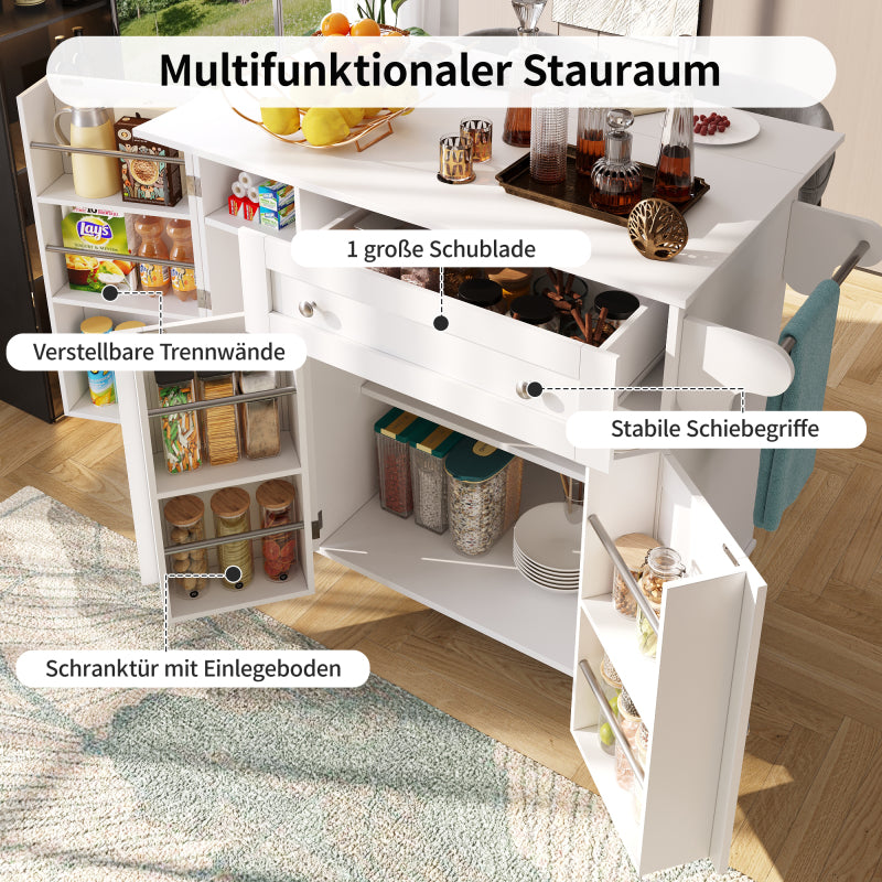 Küchenwagen, herausnehmbarer Speisewagen mit klappbarer Tischplatte, Schranktür mit Snack-Regal, verstellbare Trennwände, 1 Schublade, 4 Räder (2 feststellbar), weiß (105,5*40-60*83cm)