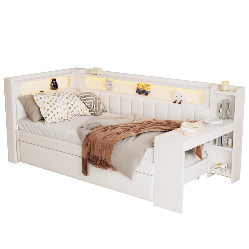 Gepolstertes 90x200 Tagesbett mit USB-Anschlüssen und LED-Gürtel, mit Ausziehbett und Schreibtisch, Weiß