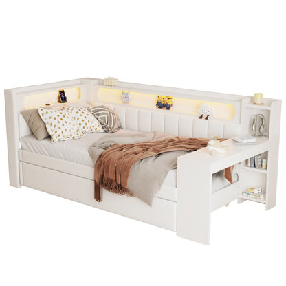 Gepolstertes 90x200 Tagesbett mit USB-Anschlüssen und LED-Gürtel, mit Ausziehbett und Schreibtisch, Weiß